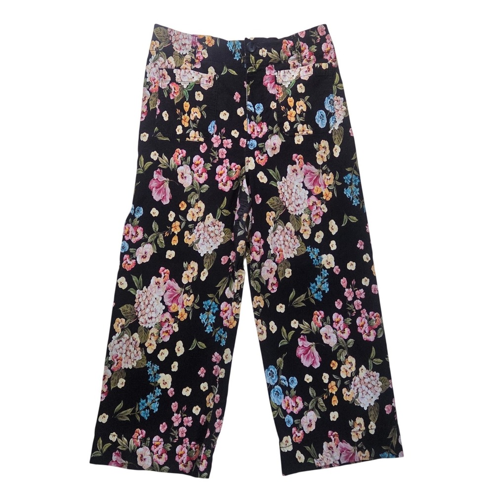 Maeve Anthropologie The Colette Floral Wide Leg Cropped Pants Black Size 31